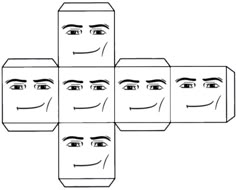 four boxes with faces drawn on them