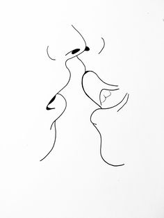 a drawing of two people kissing each other on a white background with one person holding the other's hand