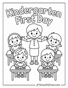 the first day of school coloring page for children with their teacher and two other students