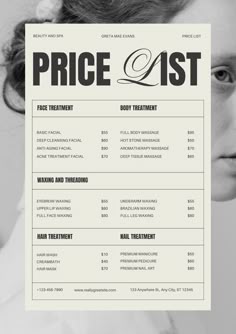 a woman holding up a piece of paper with the words price list written on it