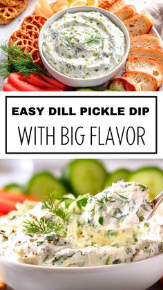 dip with dill in a white bowl and crackers on the side text overlay says easy dill pickle dip with big flavor