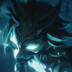 an abstract image of a lion in blue and green colors with lines coming out of its face