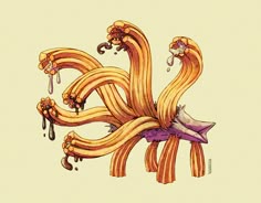 an artistic drawing of long hair with flowers on the ends and leaves coming out of it