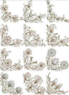 an ornate set of flowers and leaves in brown ink on white paper, each with different designs