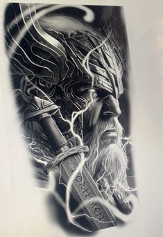 Norse God Thor Tattoo, God Of Lightning Tattoo, God Of Thunder Tattoo, Asgard Tattoo, Nordic Viking Tattoo Design, Thor Viking Tattoo, Thor God Tattoo, Thor Tattoo Design Norse Mythology, Thor God Of Thunder Tattoo