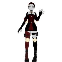 a woman in black and red is standing with her hands out