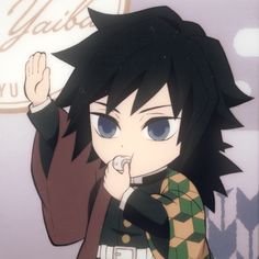 an anime character with black hair and blue eyes pointing to the side while standing in front of a sign