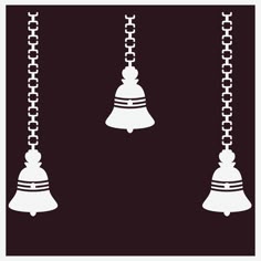three bells with chains hanging from them on a black background, one is white and the other is red