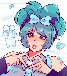 an anime character with blue hair and a bow on her head