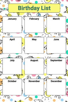 the birthday list is shown in this printable calendar