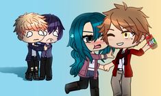 three cartoon characters standing next to each other with one talking on a cell phone and the other looking at his ear