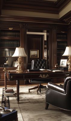 an elegant office with leather chairs and desks