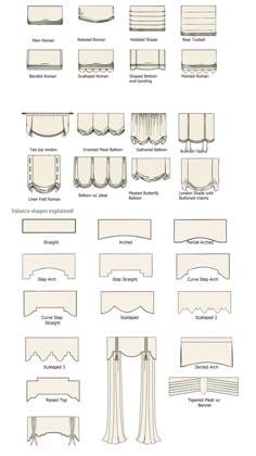 an image of curtains and valances in different styles, sizes and colors on a white background