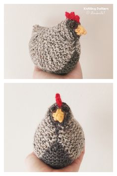 a hand holding a small crocheted chicken in it's left side and the other side