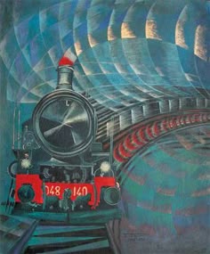 a painting of a train going down the tracks