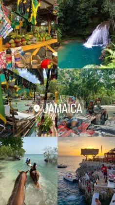 the collage shows images from jamaica including boats, waterfalls and people swimming in the water