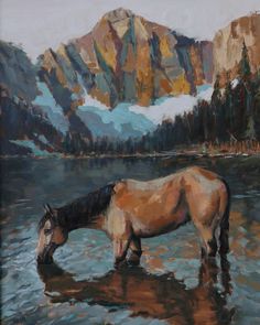 a painting of a horse drinking water in a mountain lake with mountains in the background