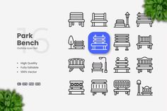 the park bench icon set includes benches, benches and trees