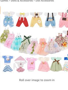 many different types of baby clothes are shown in this image, including ones that have been made to look like babies