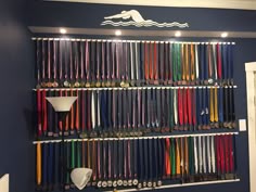 there is a rack full of skis on the wall in front of it and some lights above them