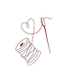 a drawing of a yarn ball and knitting needles with the word love written on it