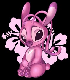 a pink cartoon rabbit sitting on top of a black ground with flowers in the background