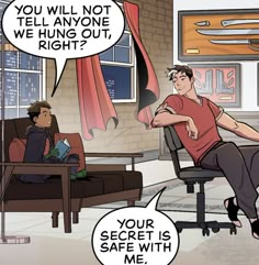 a man sitting in an office chair next to another person with a speech bubble above his head