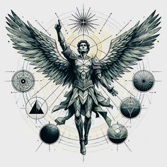 an angel with outstretched wings surrounded by other symbols and circles on a white background,