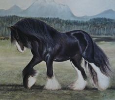 a painting of a black and white horse in a field with mountains in the background