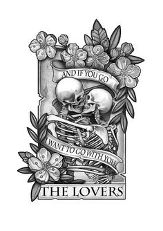 a tattoo design with two skulls and flowers on the bottom half of it, which says i