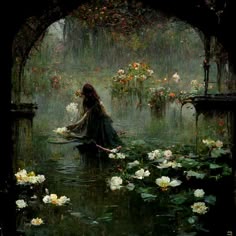 a painting of a woman sitting in the water surrounded by flowers