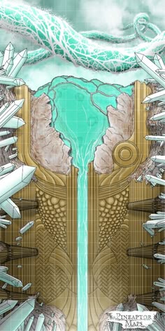 an image of the inside of a building with planes flying over it and water coming out