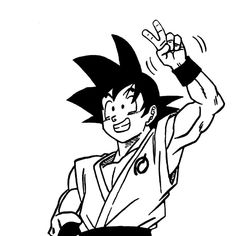 a black and white drawing of a young gohan with his hand in the air