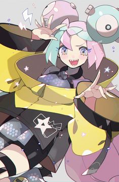 an anime character with pink hair and blue eyes, wearing a yellow shirt and black pants