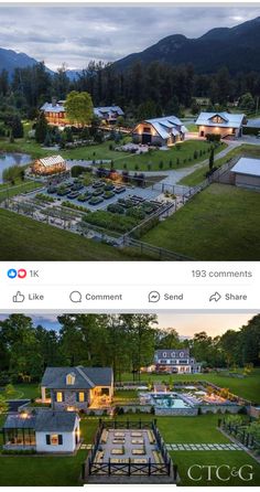 an aerial view of a house and pool in the middle of a field with mountains