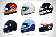 six different types of motorcycle helmets with the number eight on one side and four in the middle