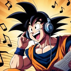 a cartoon character with headphones and music notes