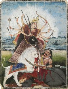 Goddess Durga Killing Mahishasura, ca 1870. Bengal, India. Christie's. Found on… Historical Map Of Bengal, Bengal Painting, Bengal Art, Bengal Art Paintings, Bengal School Of Art, Exploring West Bengal Myths, Bengal School Of Art Painting, Bengal Folk Art Painting, Dokra Art In West Bengal