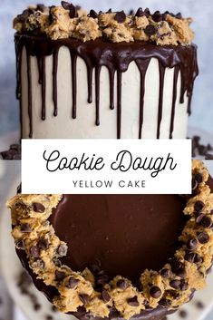 a close up of a cake on a plate with the words cookie dough below it