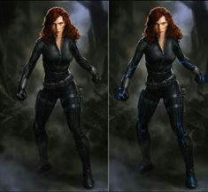 two images of a woman in black widow costume, one with red hair and the other without