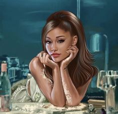 a painting of a woman leaning on a table with her hand under her chin and looking at the camera