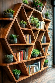 a wooden shelf filled with lots of books next to a wall mounted planter full of succulents
