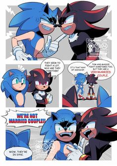 an image of sonic and shadow kissing each other in the same comic strip, with caption that reads we're not married couple