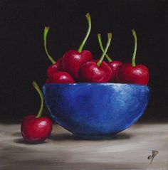 a painting of cherries in a blue bowl
