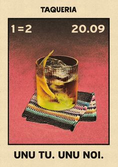 a poster with an image of a drink in a glass on top of a napkin