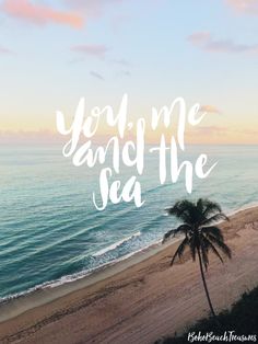 a palm tree sitting on top of a beach next to the ocean with words you me and the sea
