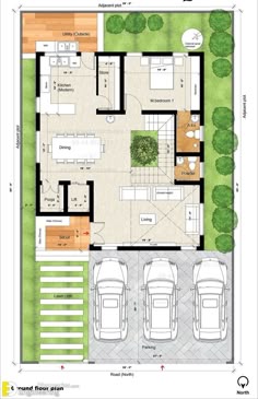 the floor plan for a house with three car garages and an attached parking lot