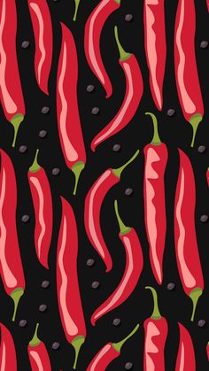 red hot peppers on black background with green stems and dots in the middle, seamless pattern