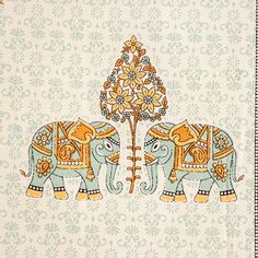 two elephants standing next to each other on a wallpapered background with flowers and leaves