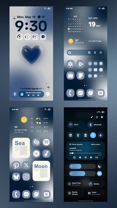 an iphone screen with different icons on it and the time displayed in each panel,